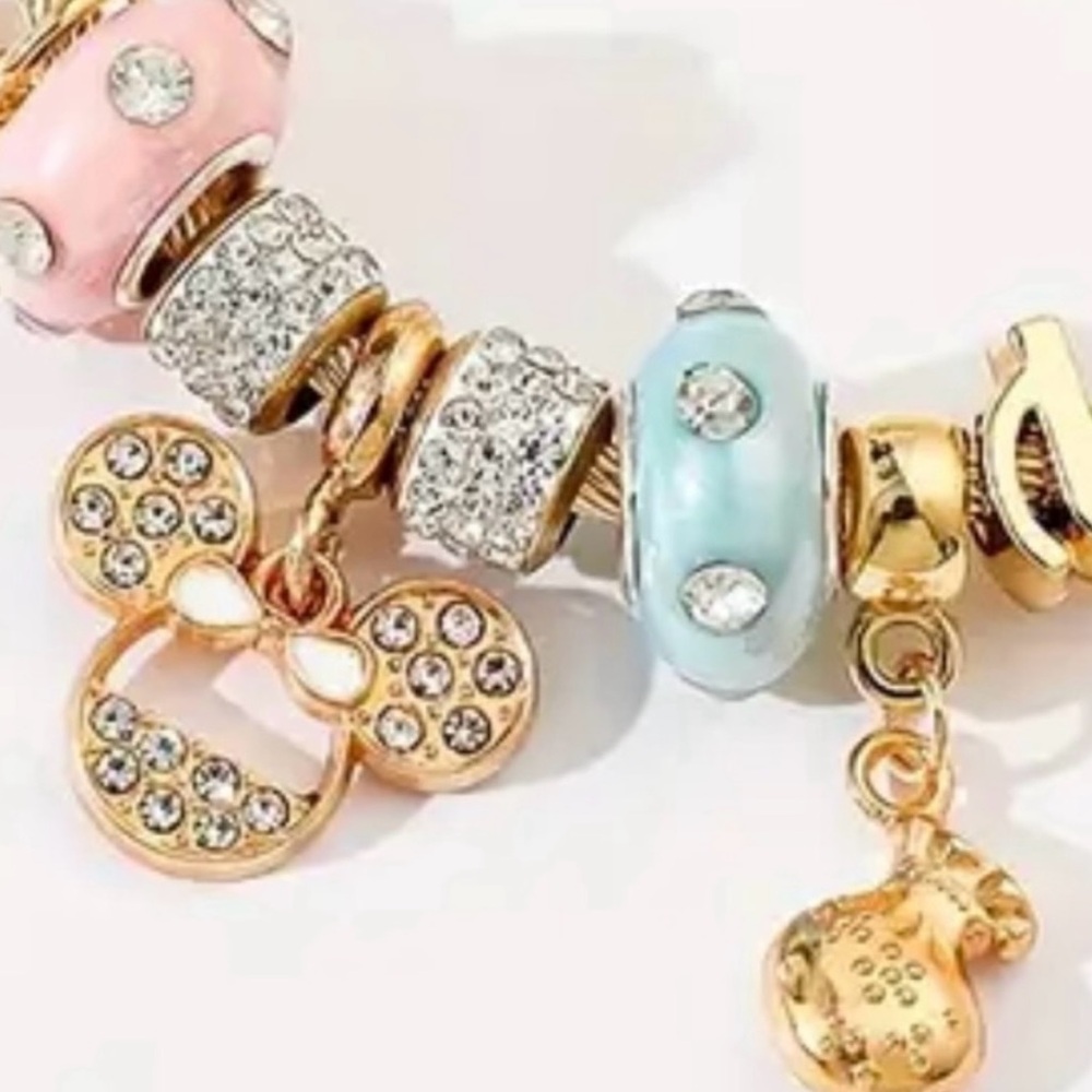 Minnie Mouse Gold and Silver Charm Bracelet with Pink & Blue Accents & Crystals🏰